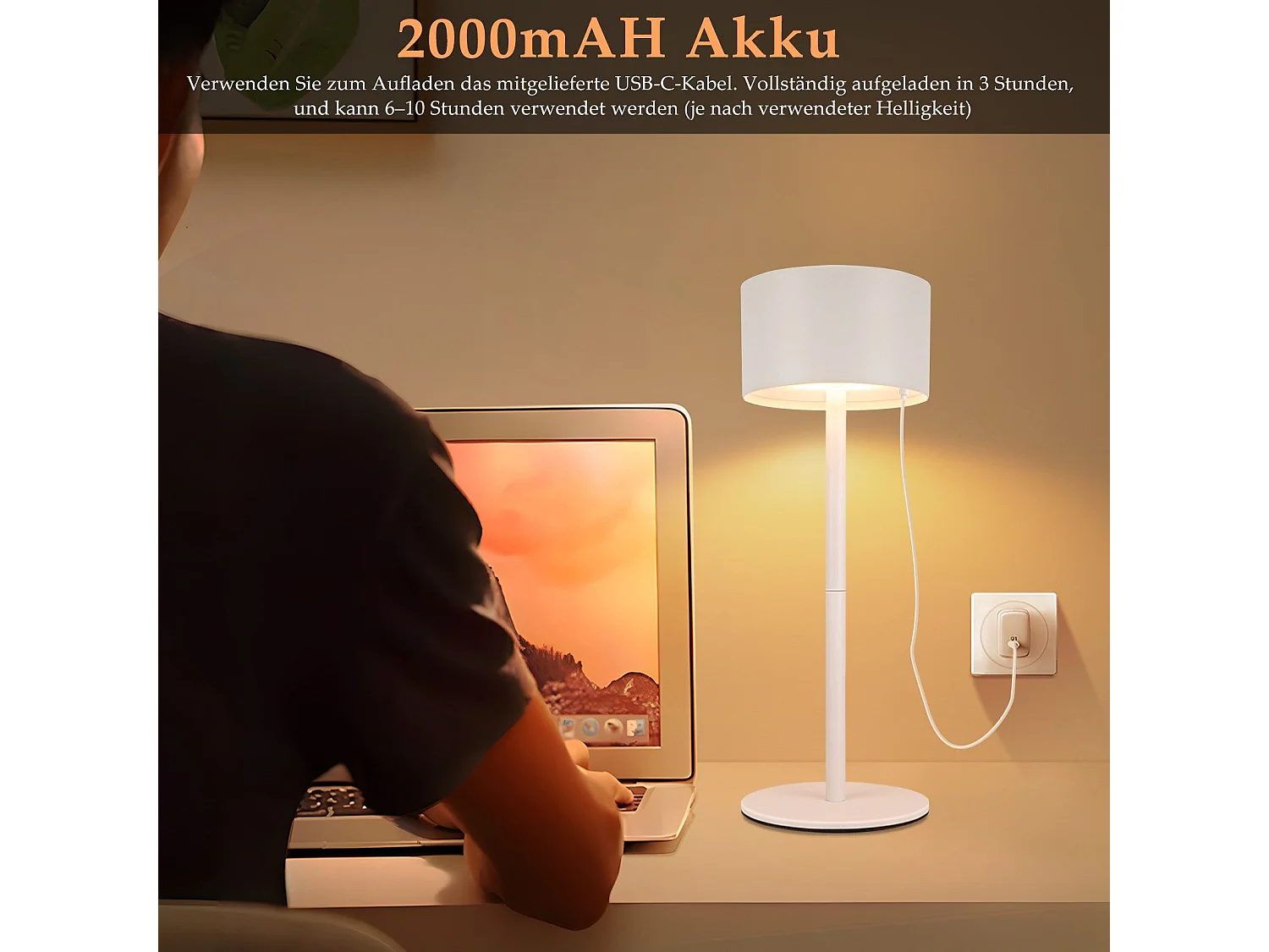 NETTLIFE Lampe de table LED sans fil : lampe de table tactile à intensité variable avec 3 températures de couleur, réglable en hauteur, USB