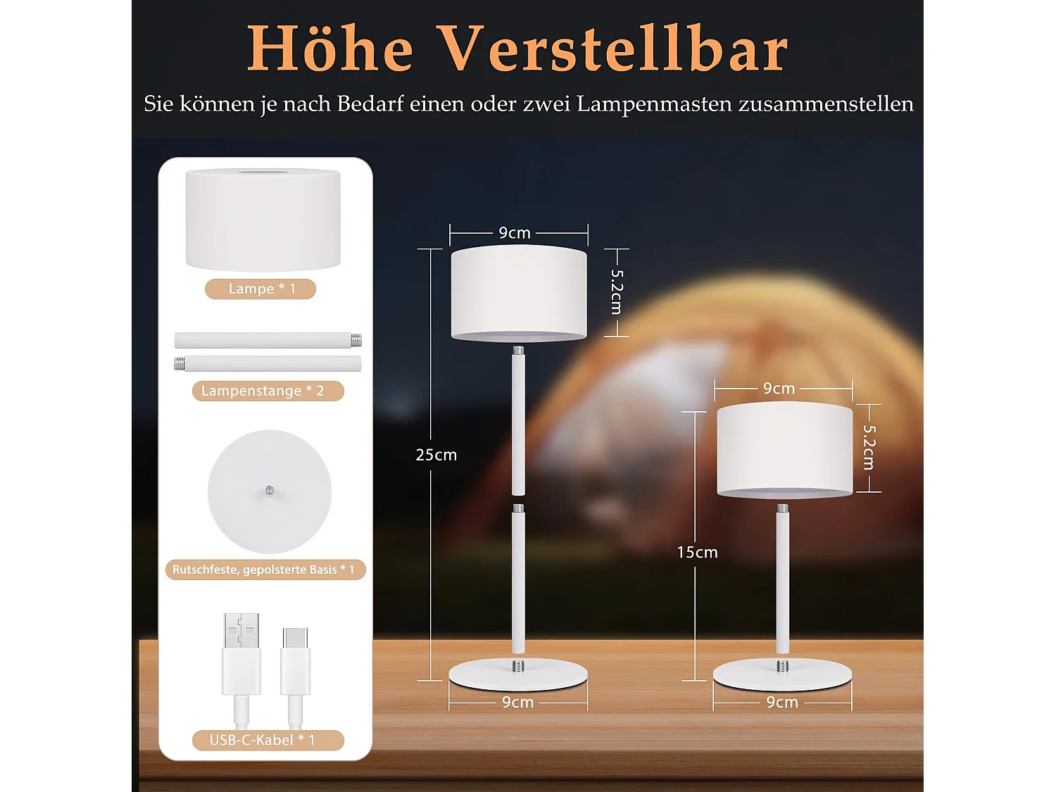 NETTLIFE Draadloze LED-tafellamp: dimbare touch-tafellamp met 3 kleurtemperaturen, in hoogte verstelbaar, USB
