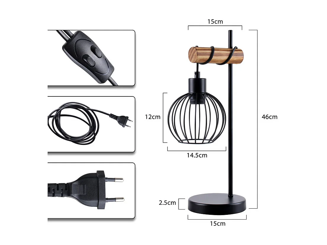 NETTLIFE Lámpara de mesa vintage para salón, lámpara de noche E27: Lámpara de mesa retro de una luz con diseño industrial en metal negro Sin bombilla
