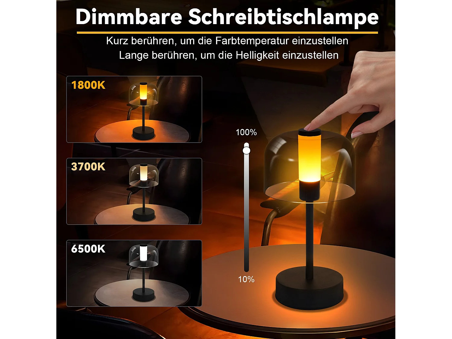 NETTLIFE Batterijgevoede dimbare LED-bedlamp - USB-C oplaadbare draadloze tafellamp 1800k-6500k zwart met geheugenfunctie