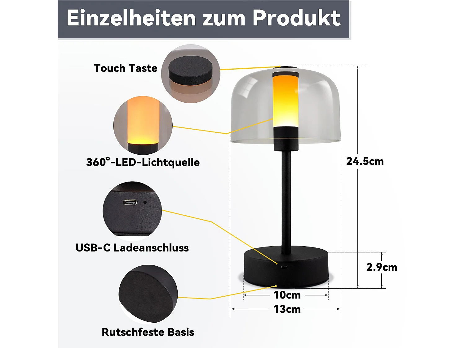 NETTLIFE Batterijgevoede dimbare LED-bedlamp - USB-C oplaadbare draadloze tafellamp 1800k-6500k zwart met geheugenfunctie