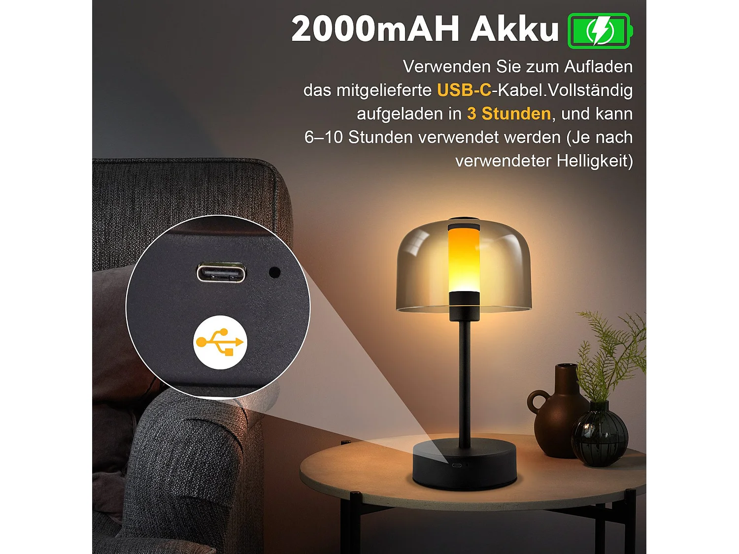 NETTLIFE Batterijgevoede dimbare LED-bedlamp - USB-C oplaadbare draadloze tafellamp 1800k-6500k zwart met geheugenfunctie