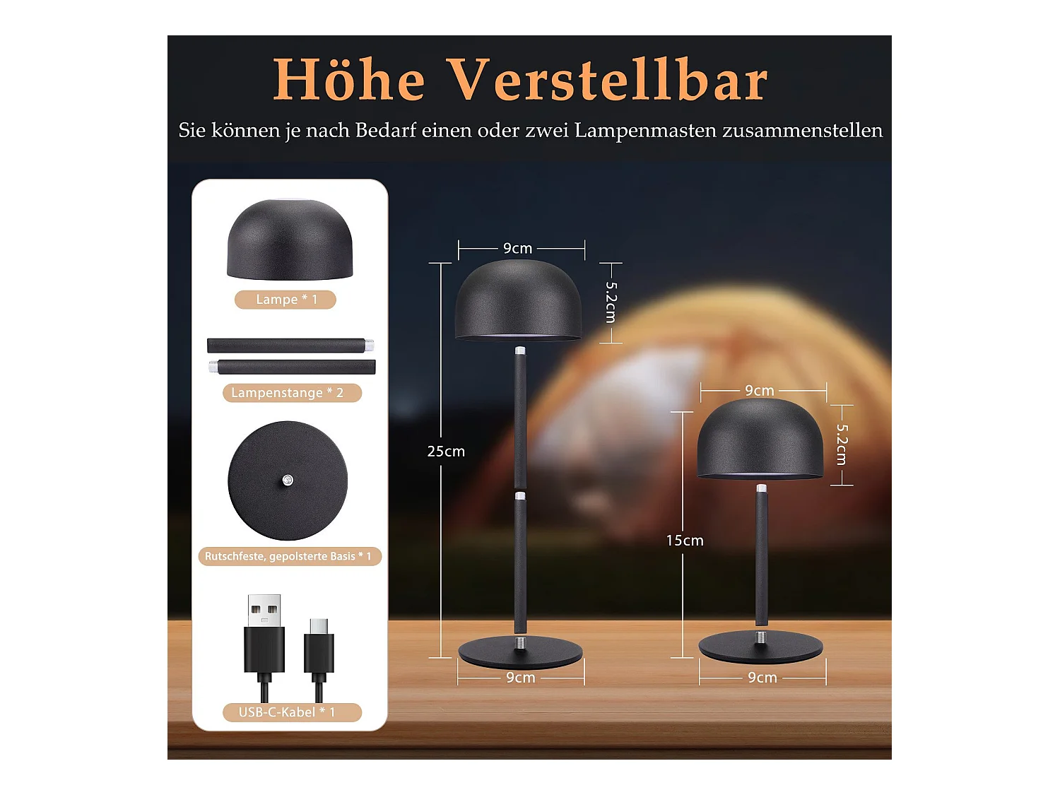 NETTLIFE Lampe de table LED sans fil : lampe de table tactile à intensité variable avec 3 températures de couleur USB