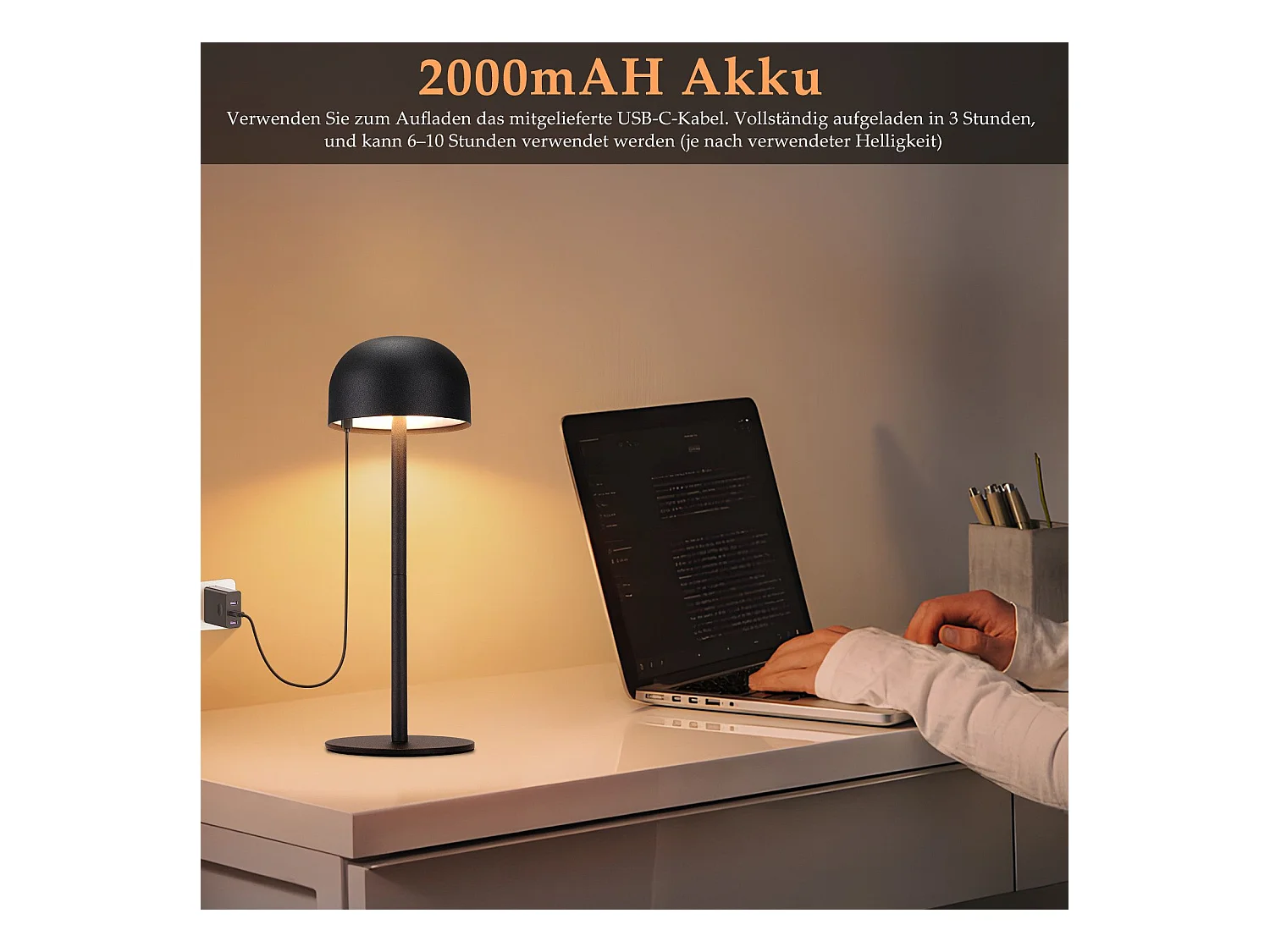 NETTLIFE Lampe de table LED sans fil : lampe de table tactile à intensité variable avec 3 températures de couleur USB