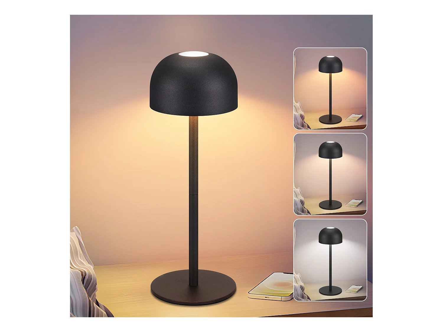 NETTLIFE Lampe de table LED sans fil : lampe de table tactile à intensité variable avec 3 températures de couleur USB