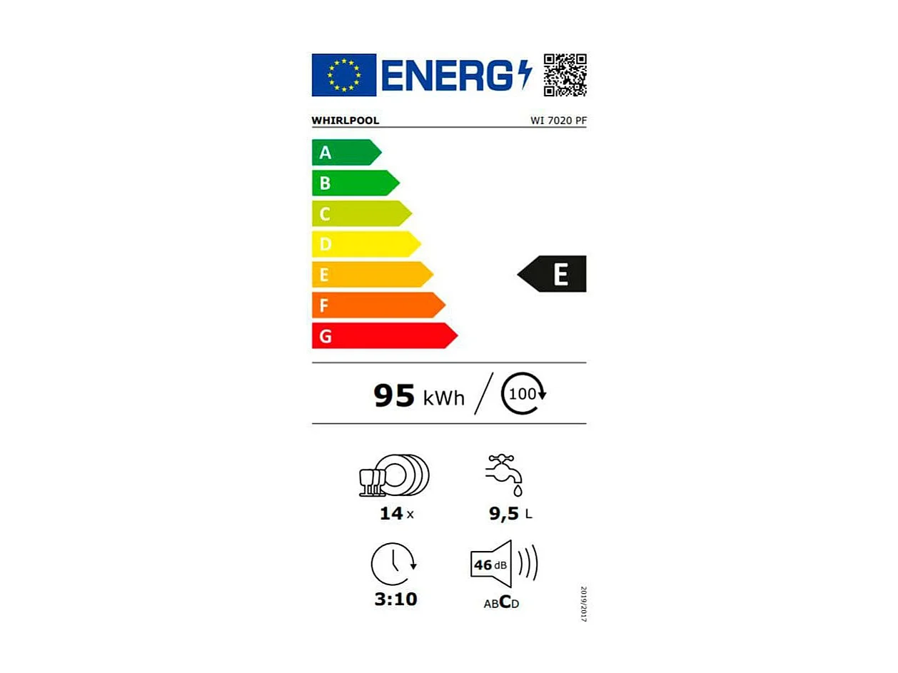 Lavavajillas integrable Whirpool WI 7020 PF 14 servicios 8 programas E blanco 59,8 cm