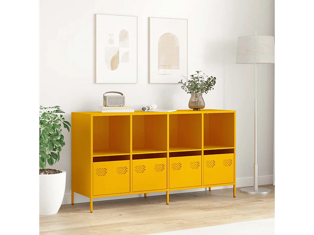 Credenza | Buffet | Armadio Giallo Senape 135x39x73,5 cm Acciaio Laminato a Freddo