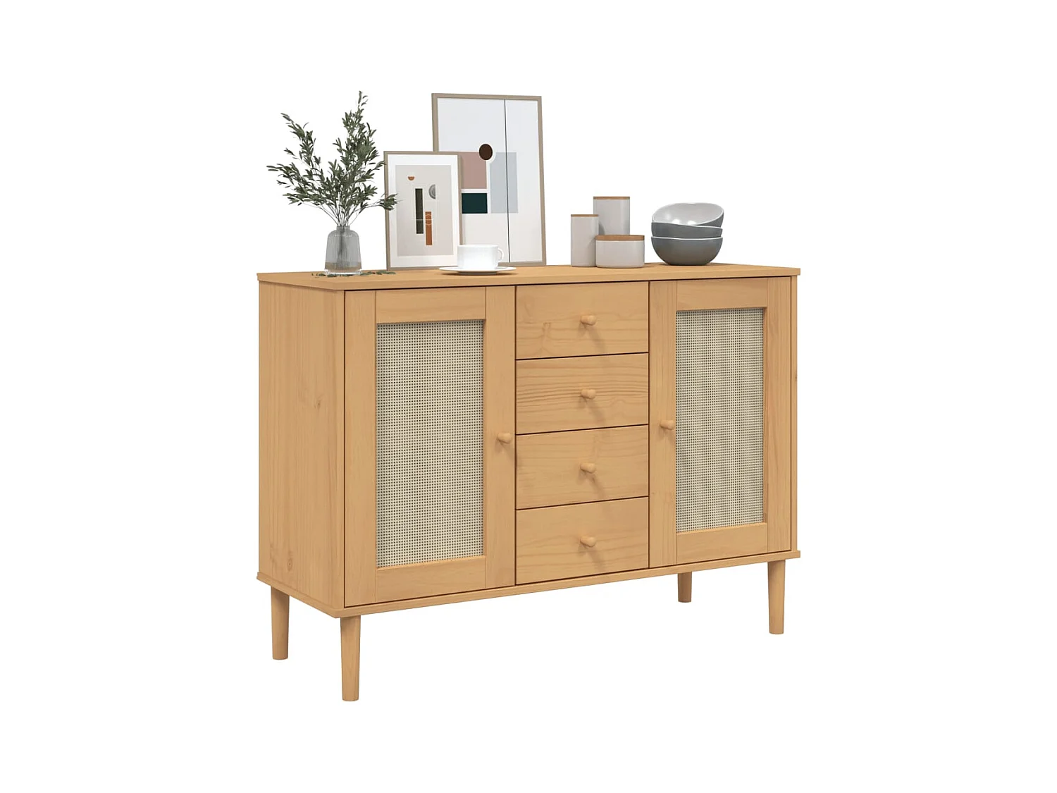 Buffet | Commode à tiroir | Meuble de rangement SENJA aspect rotin marron 112x40x80cm bois massif de pin