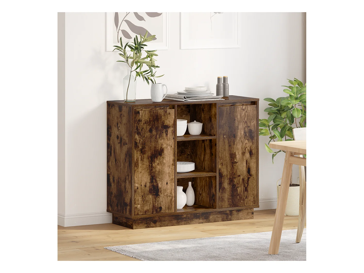 Credenza | Buffet | Armadio con LED Rovere Affumicato 90x32x75 cm Legno Compresso