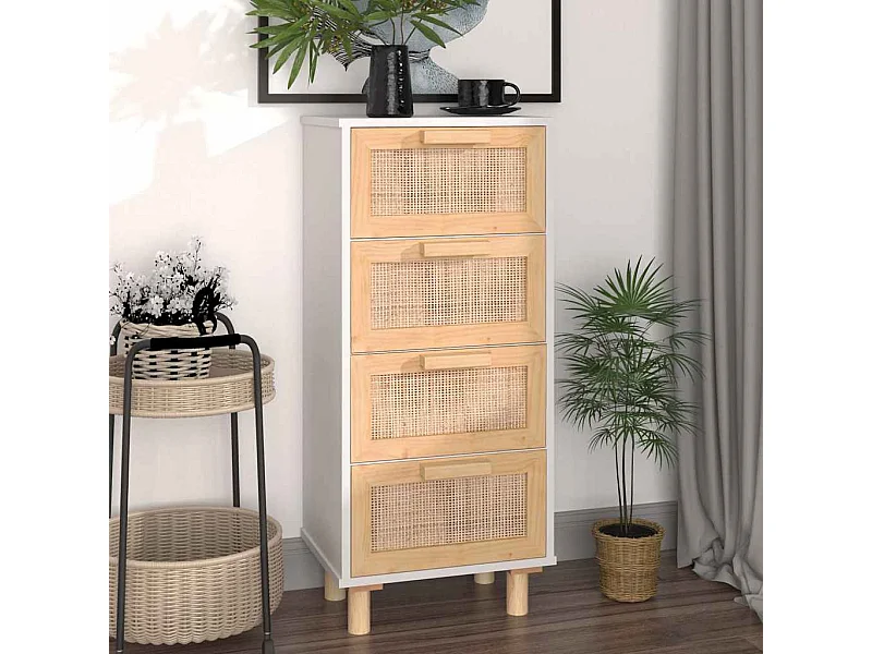 Credenza | Buffet | Armadio Bianca 40x30x90cm Legno Massello Pino Rattan Naturale