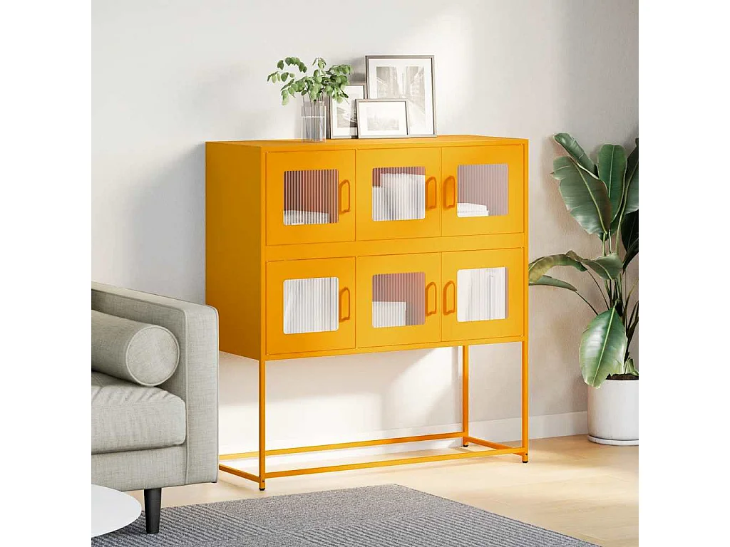 Credenza | Buffet | Armadio Giallo Senape 100,5x39x107cm Acciaio Laminato Freddo