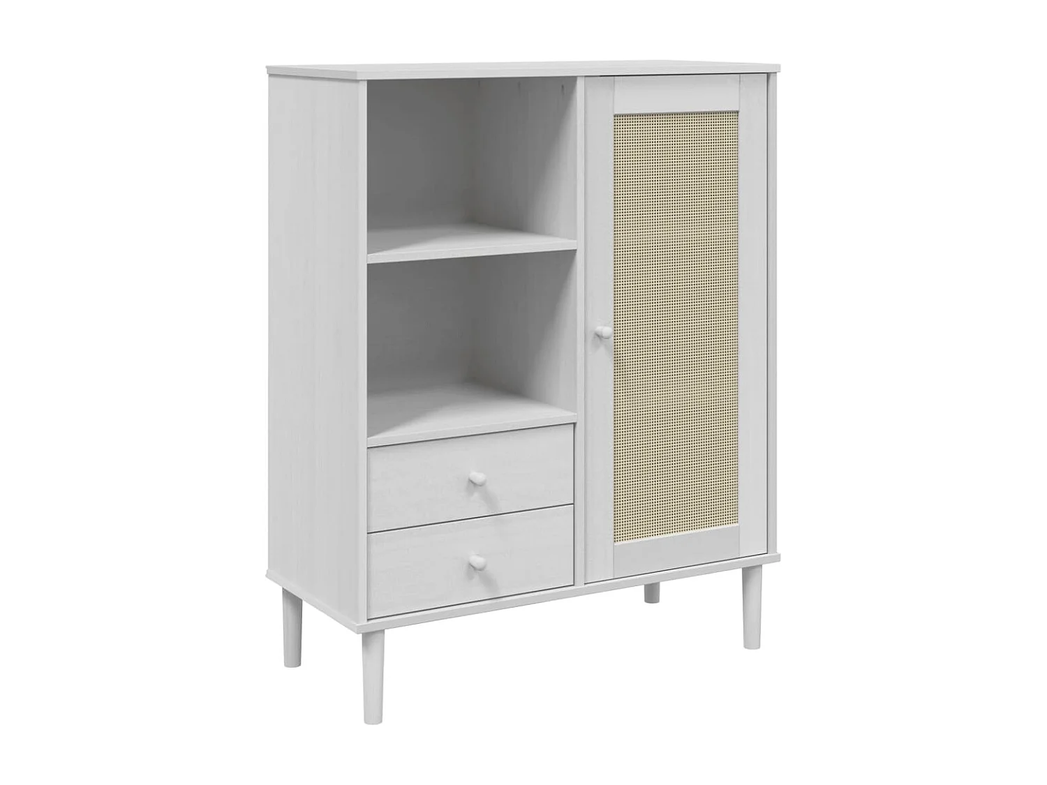 Buffet | Commode à tiroir | Meuble de rangement SENJA aspect rotin blanc 90x40x112cm bois massif de pin