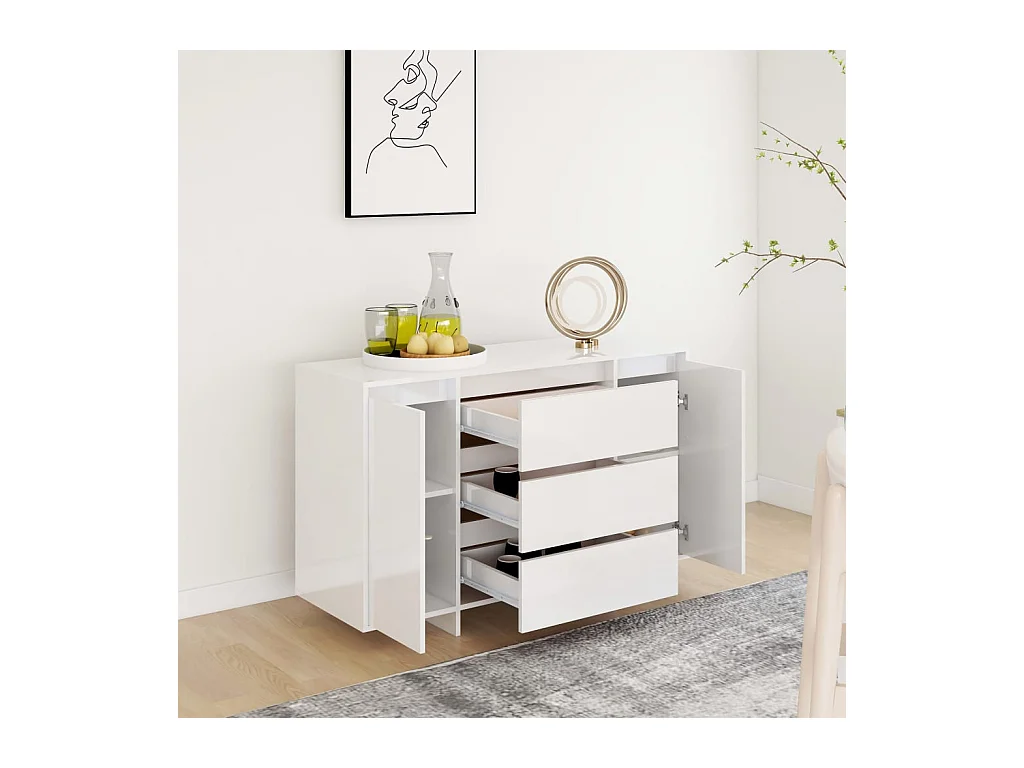 Buffet | Bahut | Meuble de rangement et 3 tiroirs Blanc brillant 120x41x75 cm Bois ingénierie
