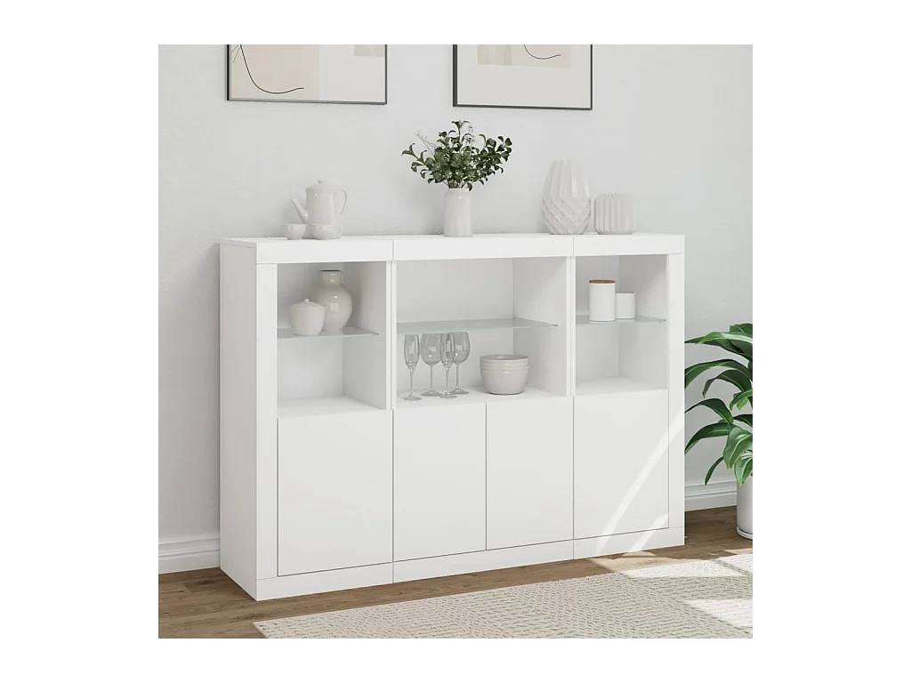 Buffets | Bahuts | Meuble de rangement avec lumières LED 3 pcs blanc bois d'ingénierie