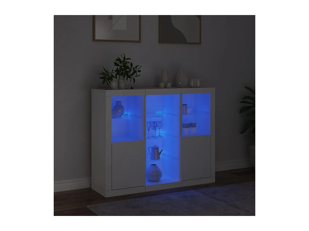 Buffets | Bahuts | Meuble de rangement avec lumières LED 3 pcs blanc bois d'ingénierie