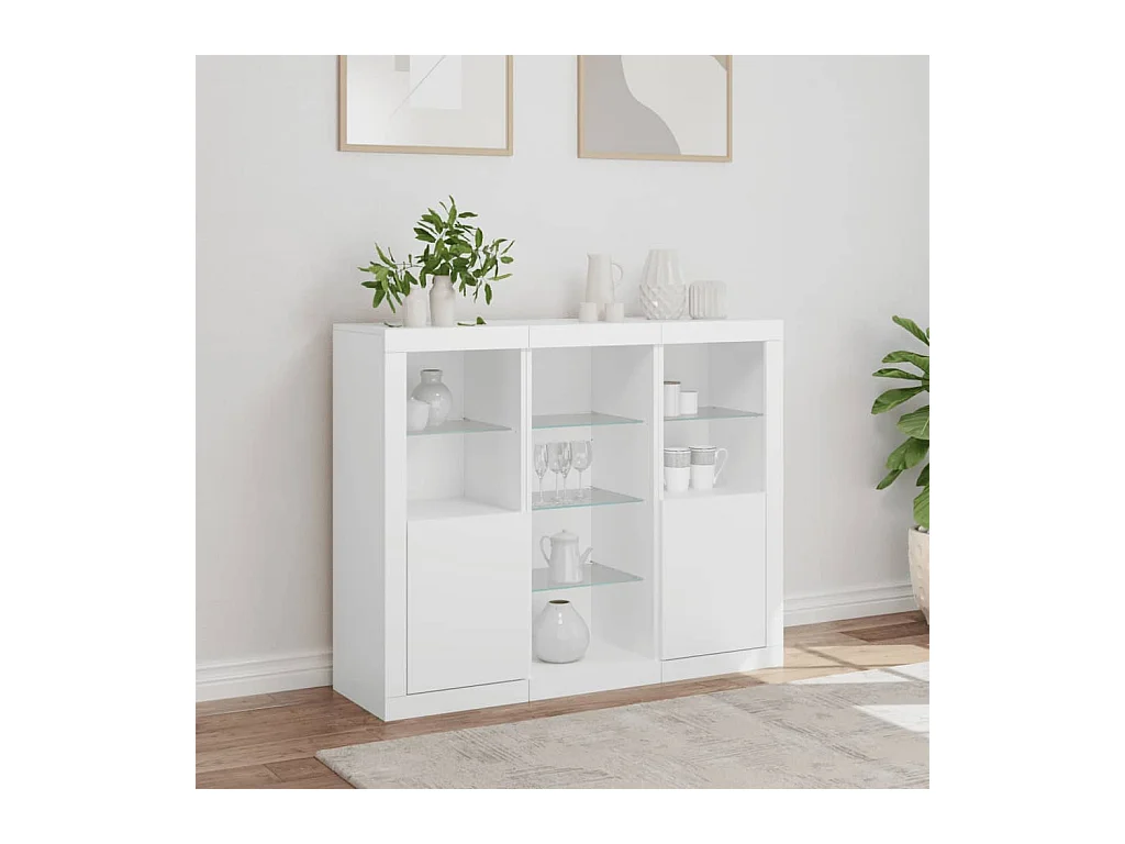 Buffets | Bahuts | Meuble de rangement avec lumières LED 3 pcs blanc bois d'ingénierie