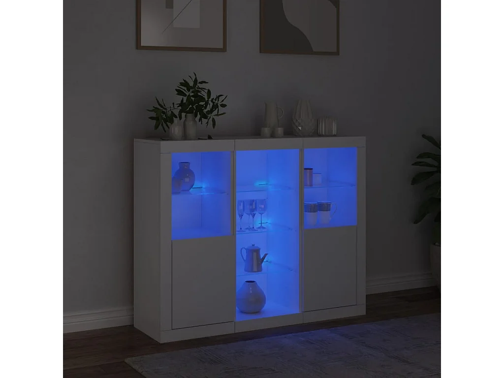 Buffets | Bahuts | Meuble de rangement avec lumières LED 3 pcs blanc bois d'ingénierie