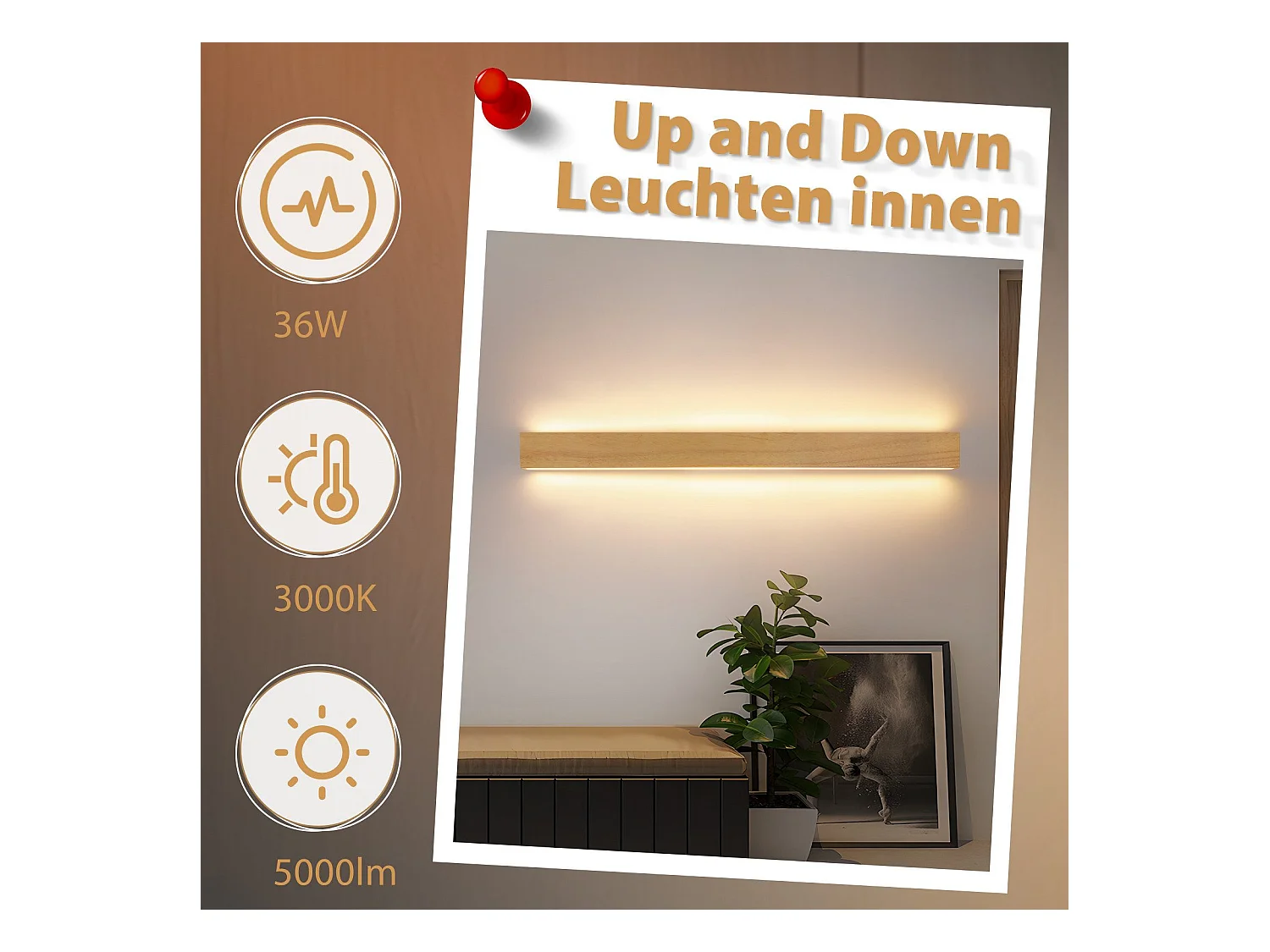 NETTLIFE Applique murale led lampe murale d'intérieur en bois - 100 cm 36w moderne lumière indirecte haut et bas 3000k éclairage mural blanc chaud