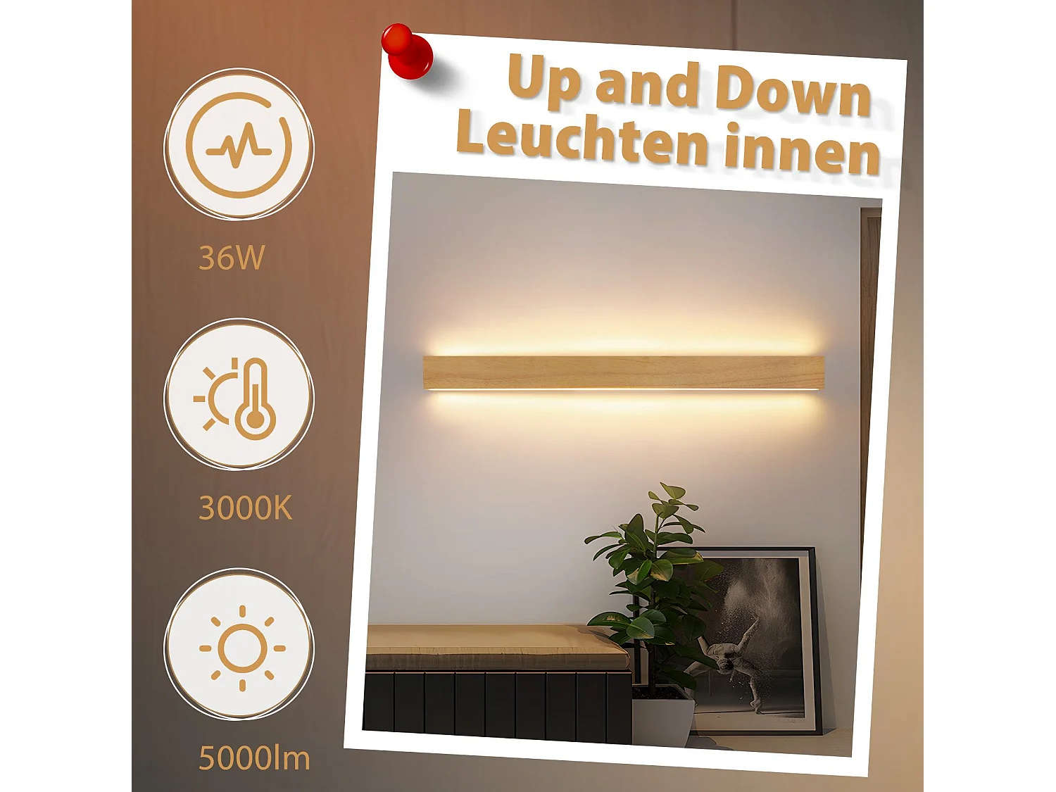 NETTLIFE Applique murale led lampe murale d'intérieur en bois - 100 cm 36w moderne lumière indirecte haut et bas 3000k éclairage mural blanc chaud