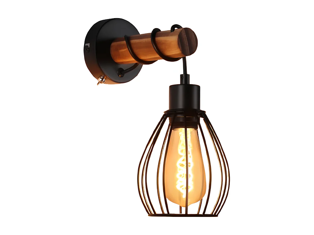 NETTLIFE Kinkiet z włącznikiem, vintage, kinkiet: czarny, drewniany, kinkiet E27, industrialny