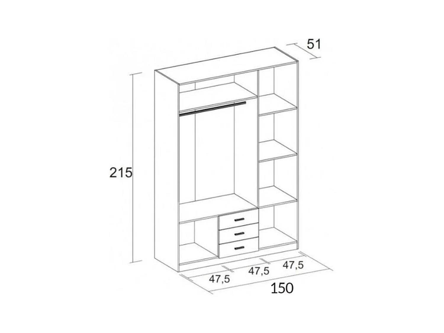 Armario Roma 3 puertas + 3 cajones blanco mate 215,5x148,9x52,6 cm