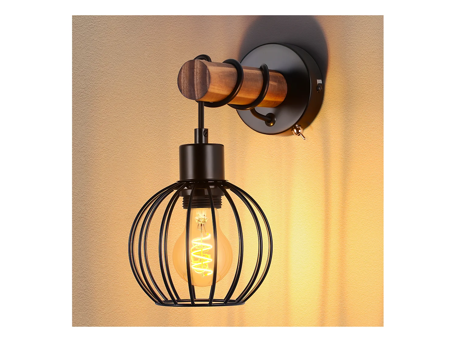 NETTLIFE Applique murale salon vintage bois : applique avec interrupteur éclairage mural noir au design industriel E27