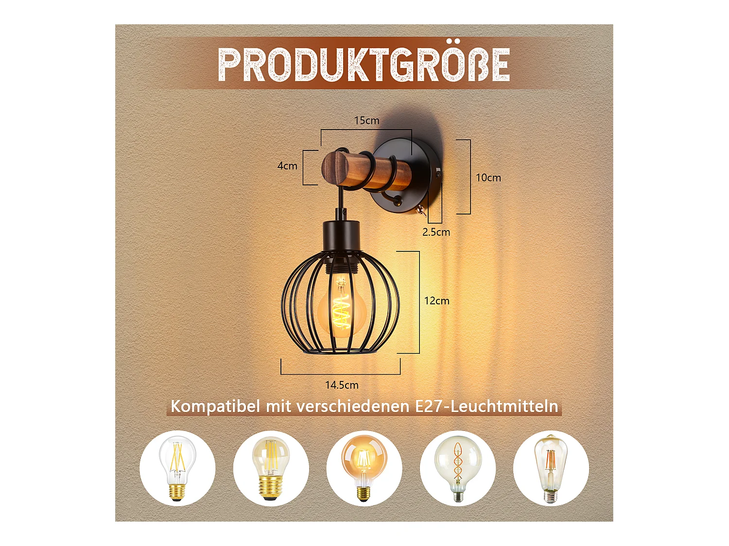 NETTLIFE Applique murale salon vintage bois : applique avec interrupteur éclairage mural noir au design industriel E27