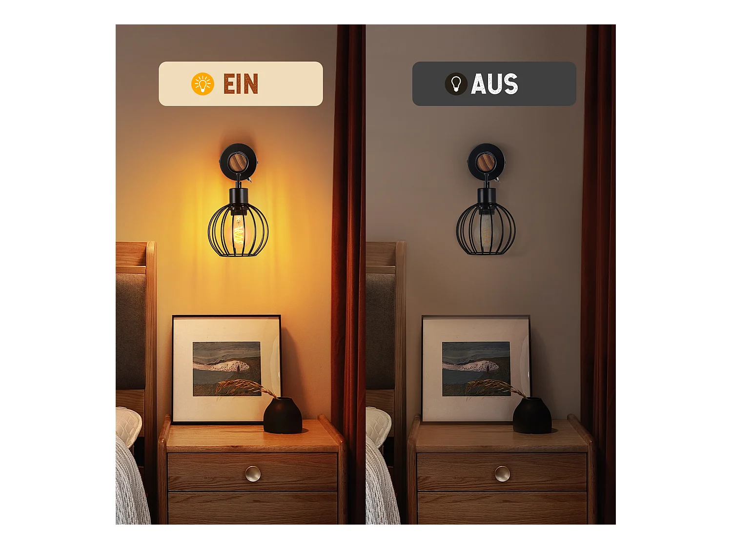 NETTLIFE Applique murale salon vintage bois : applique avec interrupteur éclairage mural noir au design industriel E27