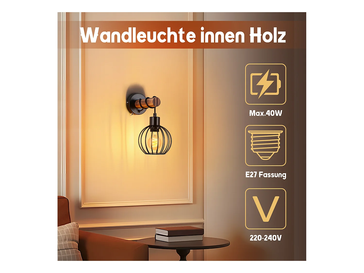 NETTLIFE Applique murale salon vintage bois : applique avec interrupteur éclairage mural noir au design industriel E27