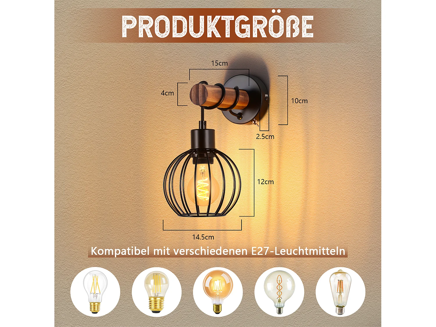 NETTLIFE Vintage houten woonkamer wandlamp: wandlamp met schakelaar, zwarte wandverlichting met industrieel design E27