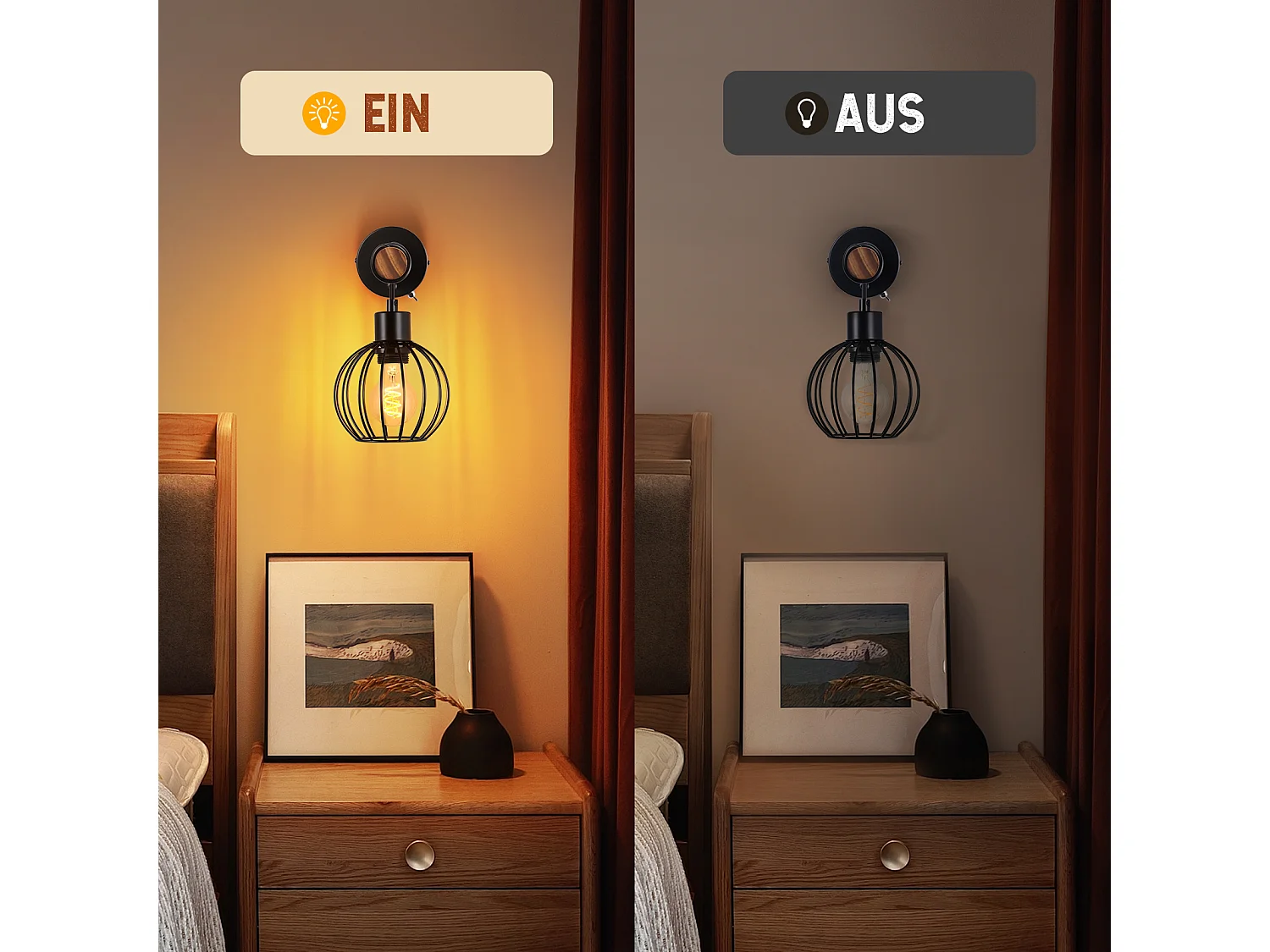 NETTLIFE Vintage houten woonkamer wandlamp: wandlamp met schakelaar, zwarte wandverlichting met industrieel design E27