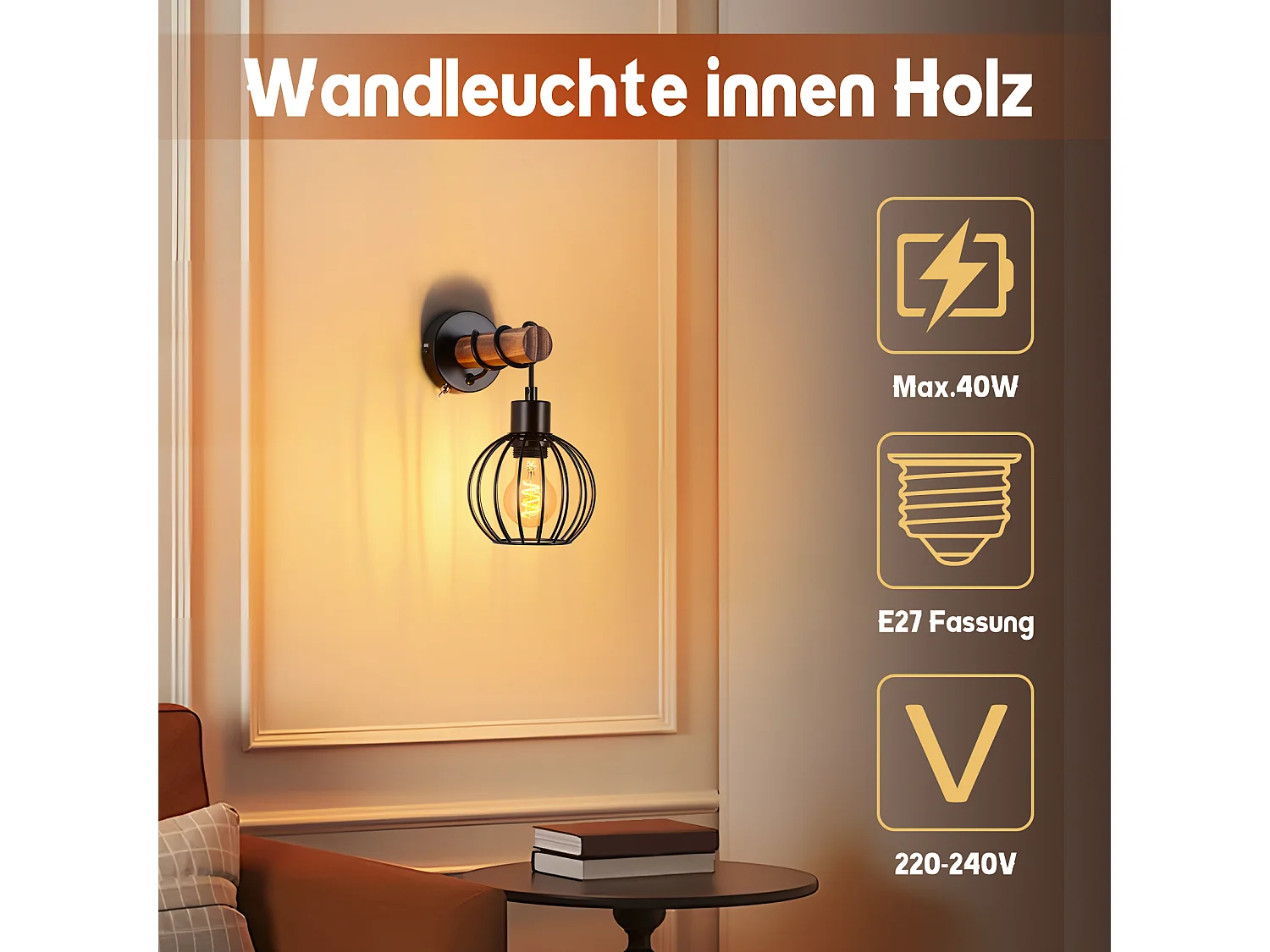 NETTLIFE Vintage houten woonkamer wandlamp: wandlamp met schakelaar, zwarte wandverlichting met industrieel design E27