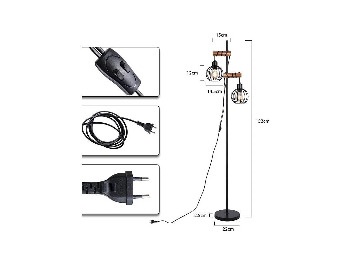NETTLIFE Czarna lampa podłogowa do salonu, drewniana, metalowa, vintage, 2-żarówkowa, z włącznikiem, z gniazdem E27, 152 cm (bez żarówki)