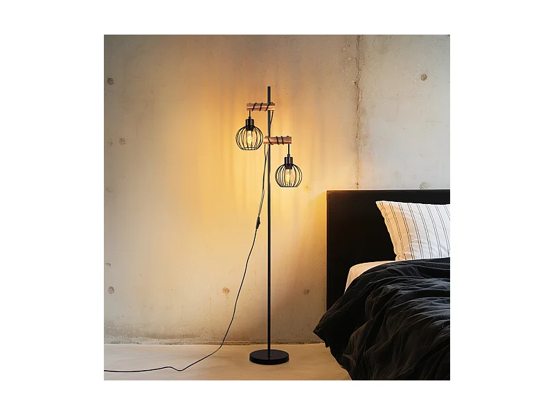 NETTLIFE Czarna lampa podłogowa do salonu, drewniana, metalowa, vintage, 2-żarówkowa, z włącznikiem, z gniazdem E27, 152 cm (bez żarówki)