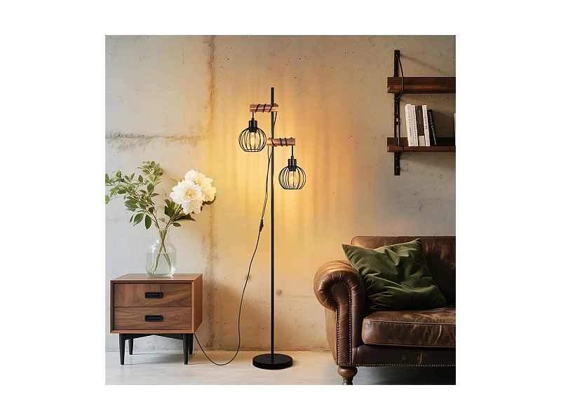 NETTLIFE Czarna lampa podłogowa do salonu, drewniana, metalowa, vintage, 2-żarówkowa, z włącznikiem, z gniazdem E27, 152 cm (bez żarówki)