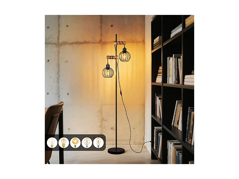 NETTLIFE Czarna lampa podłogowa do salonu, drewniana, metalowa, vintage, 2-żarówkowa, z włącznikiem, z gniazdem E27, 152 cm (bez żarówki)