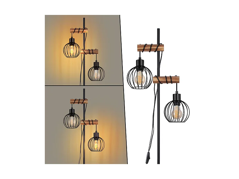 NETTLIFE Czarna lampa podłogowa do salonu, drewniana, metalowa, vintage, 2-żarówkowa, z włącznikiem, z gniazdem E27, 152 cm (bez żarówki)