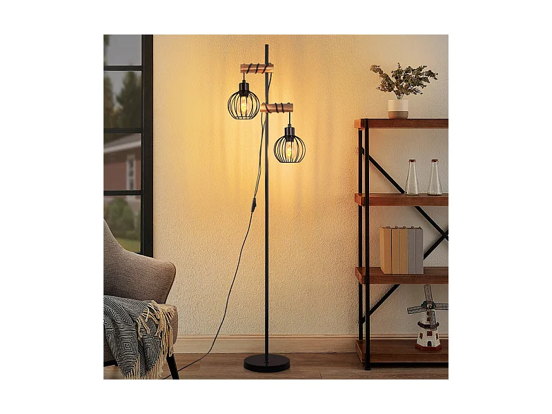 NETTLIFE Lampadaire noir lampadaire salon bois - lampadaire vintage 2 ampoules en métal avec interrupteur douille e27 152cm (sans ampoule)