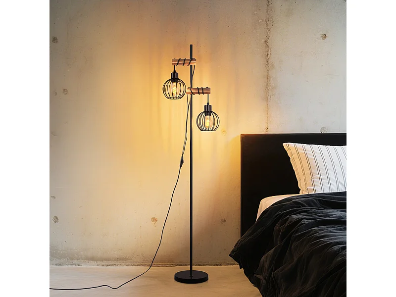 NETTLIFE Lampadaire noir lampadaire salon bois - lampadaire vintage 2 ampoules en métal avec interrupteur douille e27 152cm (sans ampoule)