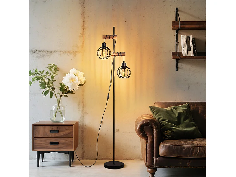 NETTLIFE Lampadaire noir lampadaire salon bois - lampadaire vintage 2 ampoules en métal avec interrupteur douille e27 152cm (sans ampoule)