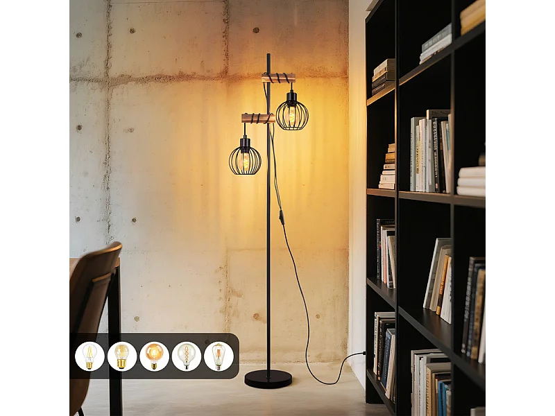 NETTLIFE Lampadaire noir lampadaire salon bois - lampadaire vintage 2 ampoules en métal avec interrupteur douille e27 152cm (sans ampoule)