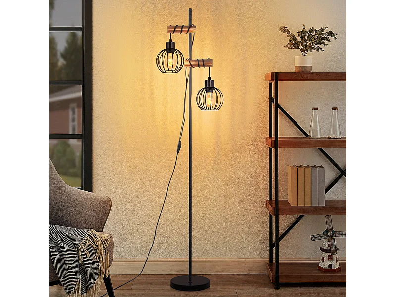 NETTLIFE Zwarte staande lamp Woonkamer staande lamp Hout - Vintage 2-lamps metalen staande lamp met schakelaar E27-fitting 152 cm (zonder lamp)