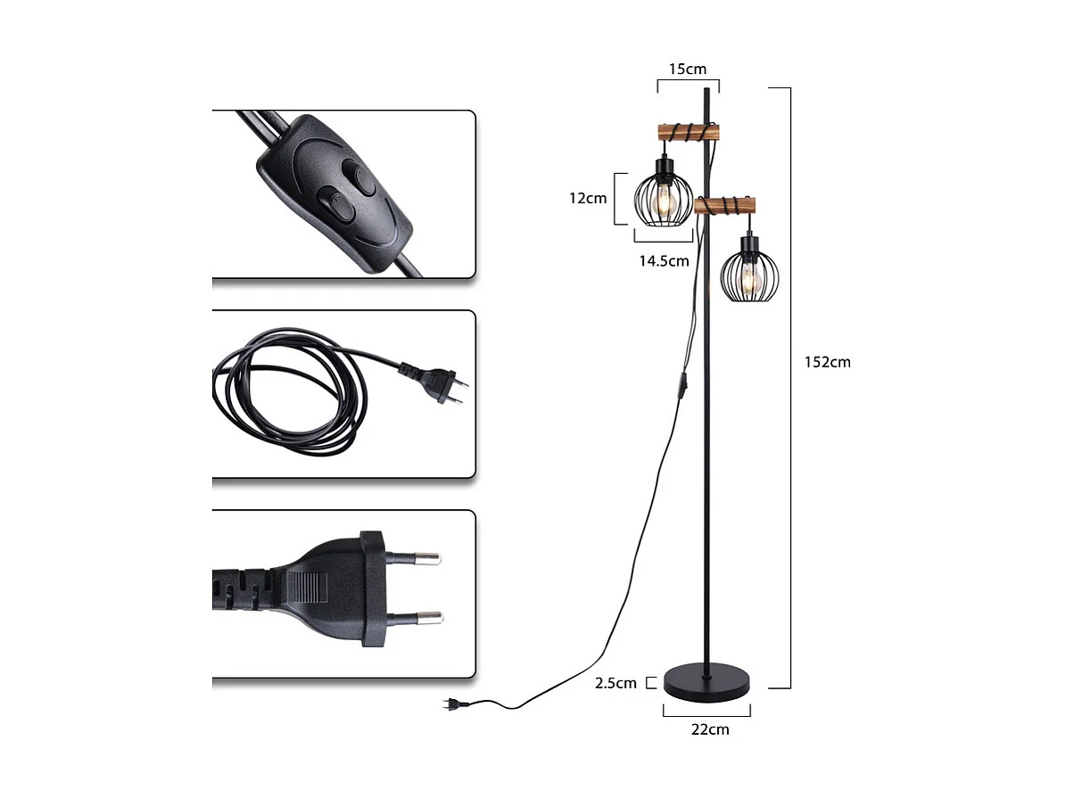 NETTLIFE Zwarte staande lamp Woonkamer staande lamp Hout - Vintage 2-lamps metalen staande lamp met schakelaar E27-fitting 152 cm (zonder lamp)