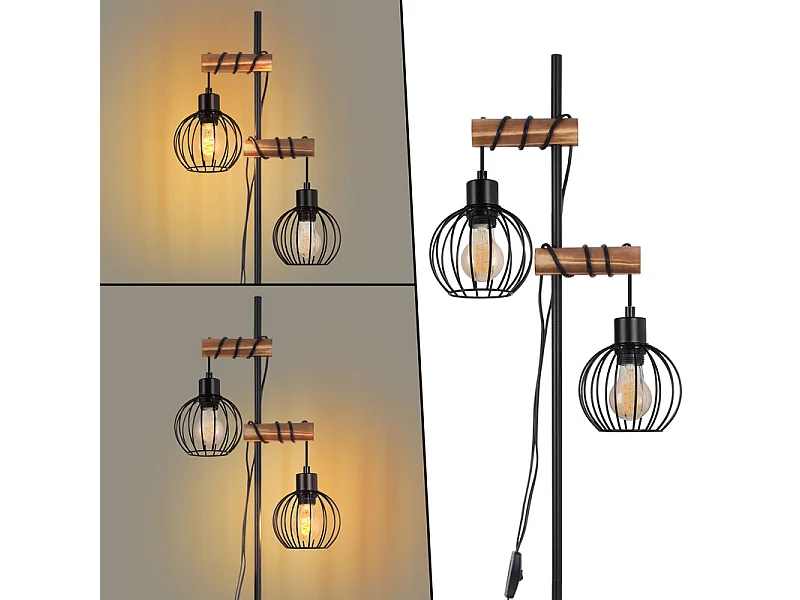 NETTLIFE Zwarte staande lamp Woonkamer staande lamp Hout - Vintage 2-lamps metalen staande lamp met schakelaar E27-fitting 152 cm (zonder lamp)