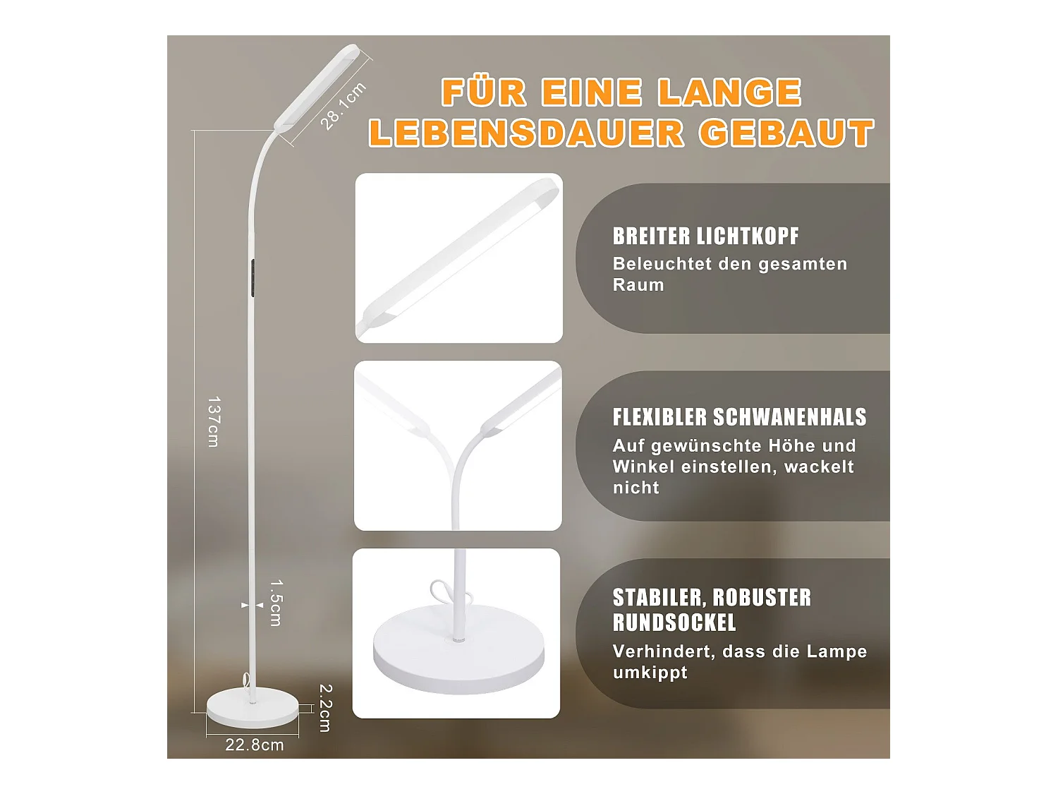 NETTLIFE Lampadaire LED Salon Dimmable Blanc Lampadaire 11w 360° Flexible Canapé