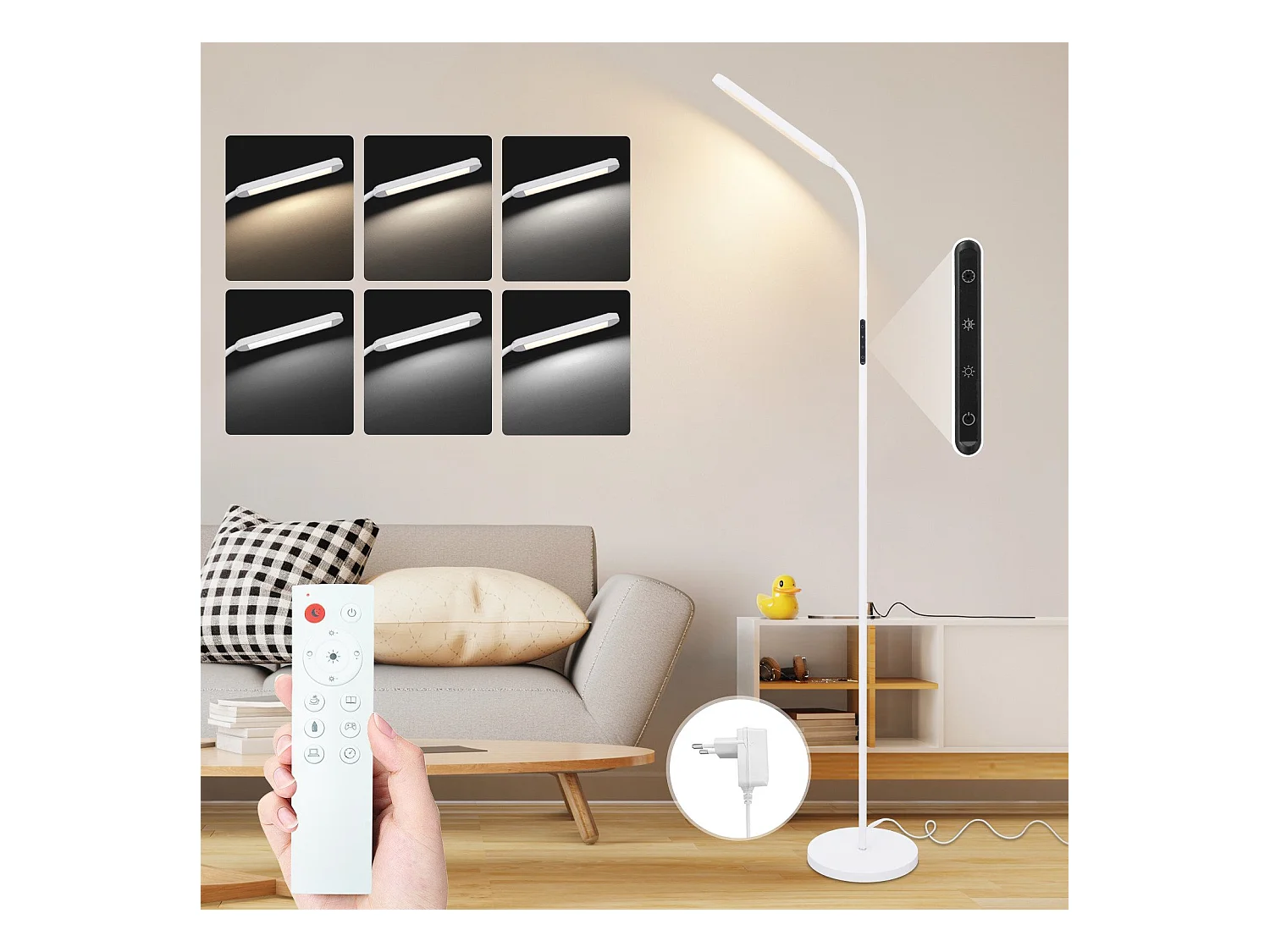NETTLIFE Lampa podłogowa LED do salonu, ściemnialna, biała, 11 W, elastyczna, 360°, sofa