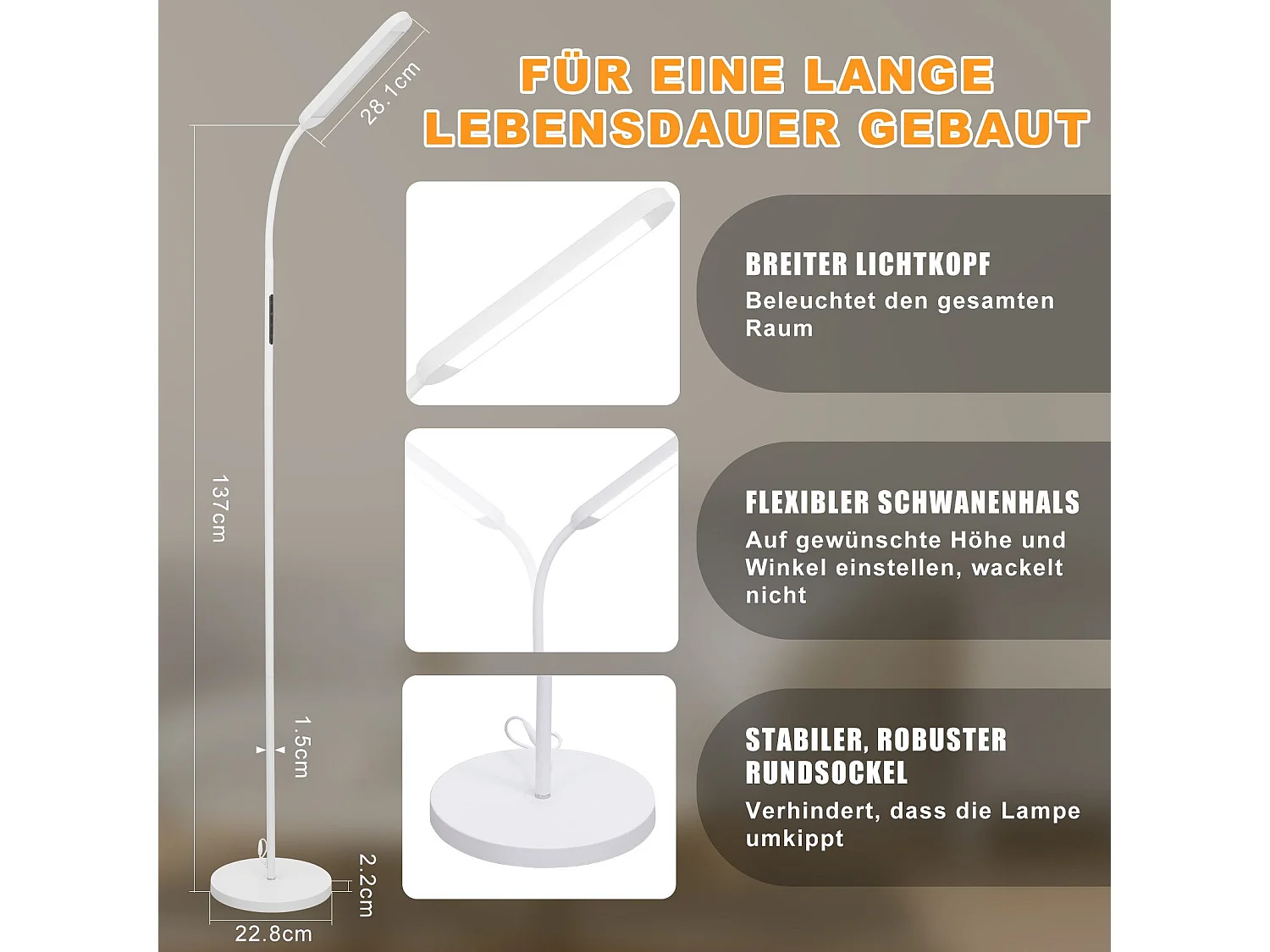NETTLIFE Lampadaire LED Salon Dimmable Blanc Lampadaire 11w 360° Flexible Canapé