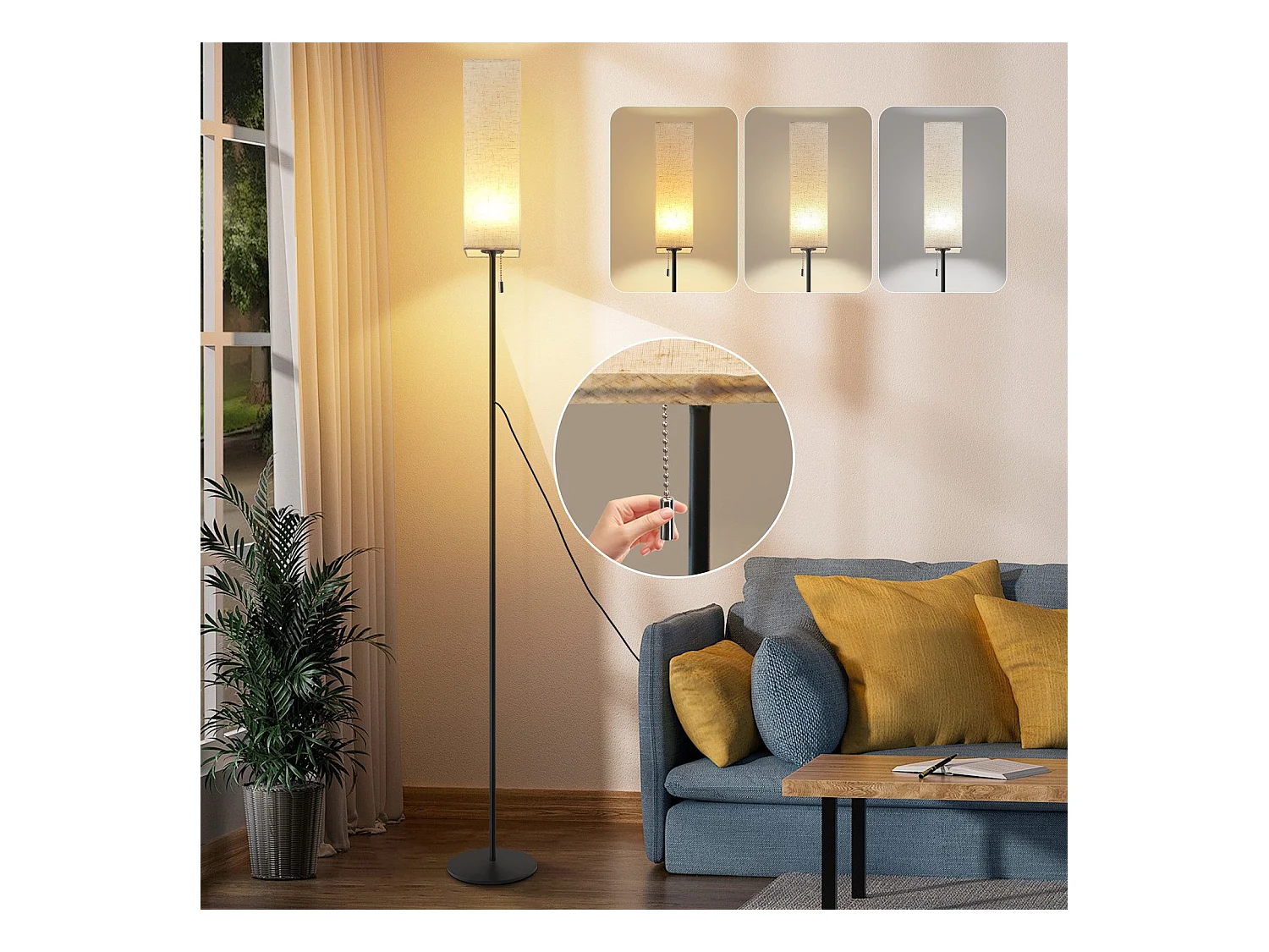 NETTLIFE Lampadaire LED à Intensité Variable Rétro Abat-jour En Tissu Pour Salon Avec Interrupteur à Tirette