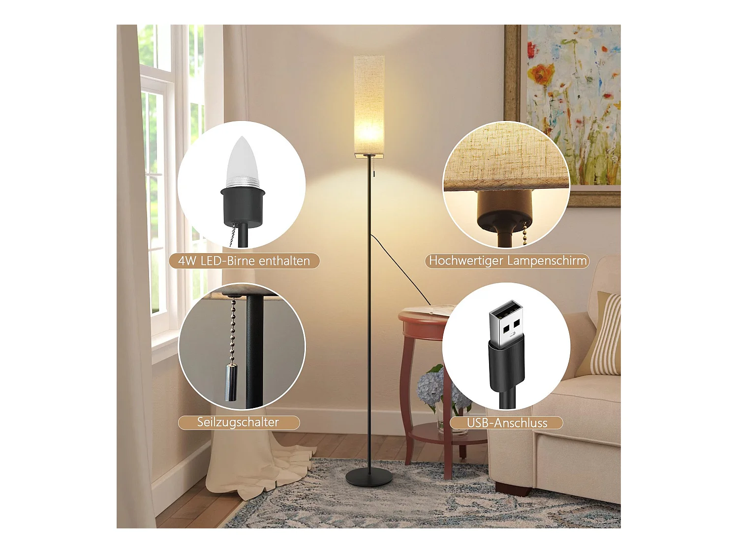 NETTLIFE Lampadaire LED à Intensité Variable Rétro Abat-jour En Tissu Pour Salon Avec Interrupteur à Tirette