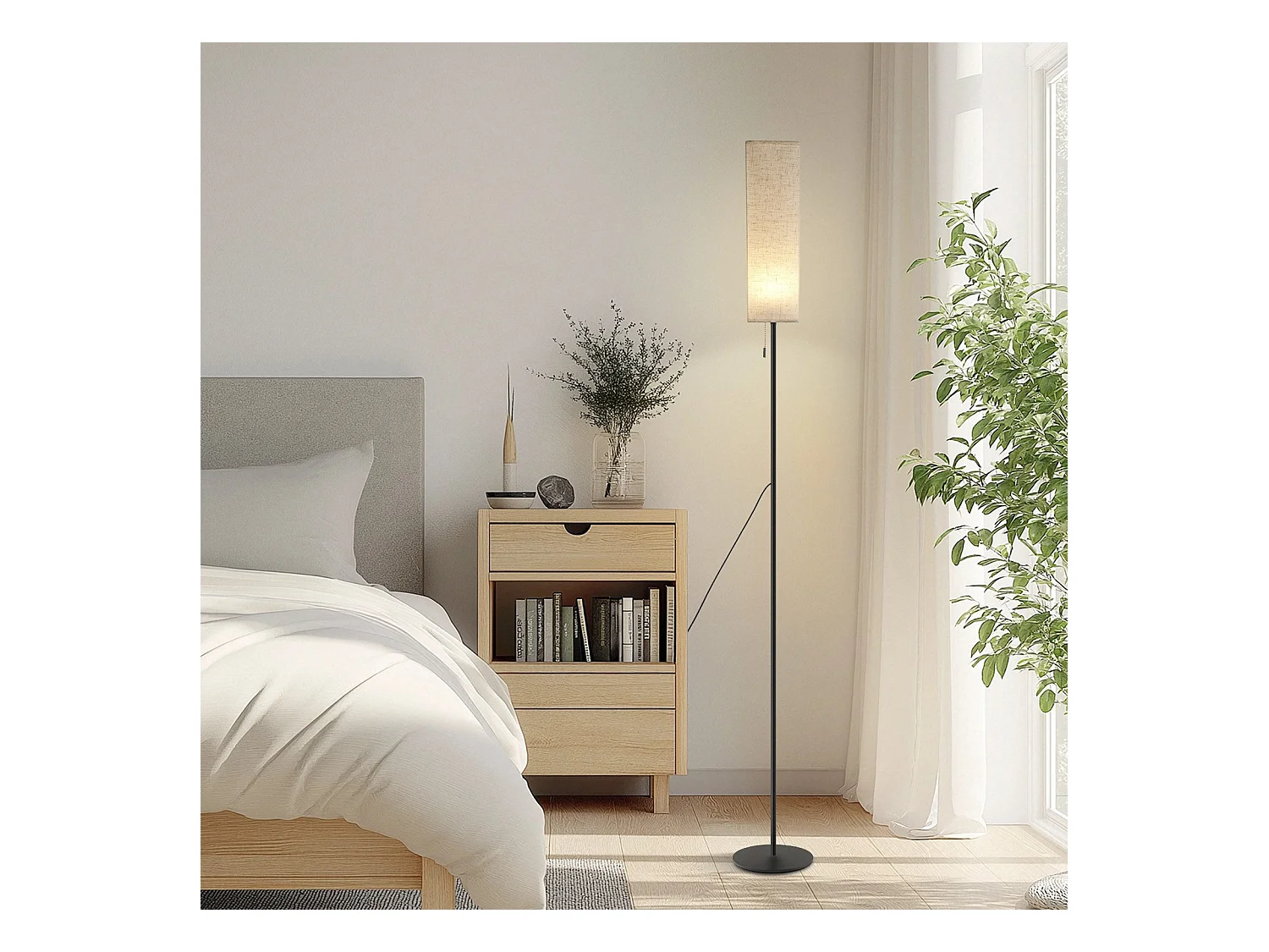 NETTLIFE Lampadaire LED à Intensité Variable Rétro Abat-jour En Tissu Pour Salon Avec Interrupteur à Tirette